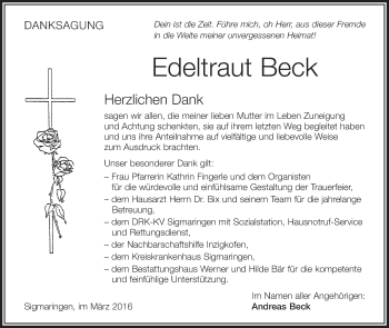 Anzeige von Edeltraut Beck von Schwäbische Zeitung