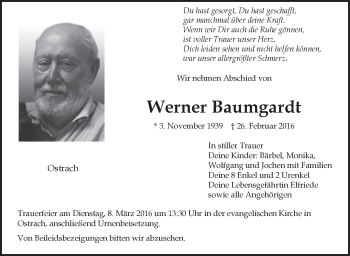 Anzeige von Werner Baumgardt von Schwäbische Zeitung