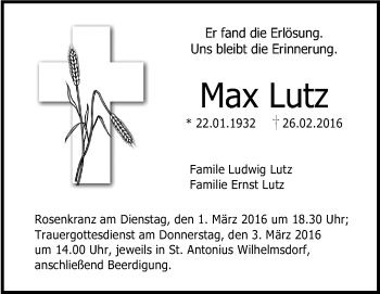 Anzeige von Max Lutz von Schwäbische Zeitung