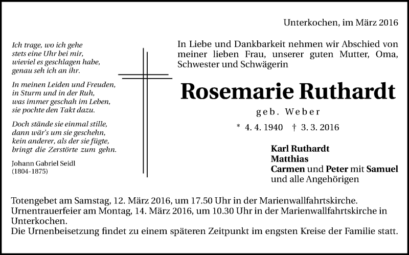  Traueranzeige für Rosemarie Ruthardt vom 10.03.2016 aus Schwäbische Zeitung