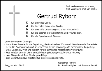 Anzeige von Gertrud Ryborz von Schwäbische Zeitung