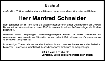 Anzeige von Manfred Schneider von Schwäbische Zeitung