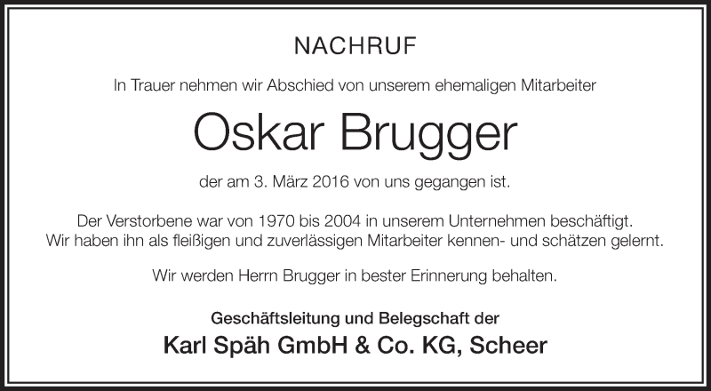  Traueranzeige für Oskar Brugger vom 14.03.2016 aus Schwäbische Zeitung