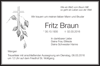 Anzeige von Fritz Braun von Schwäbische Zeitung