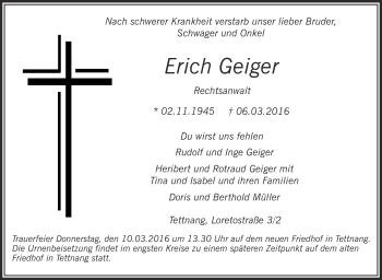 Anzeige von Erich Geiger von Schwäbische Zeitung