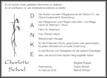 Anzeige von Charlotte Schad von Schwäbische Zeitung