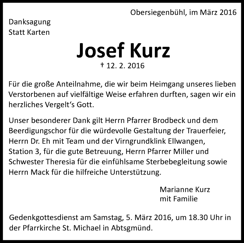  Traueranzeige für Josef Kurz vom 03.03.2016 aus Schwäbische Zeitung