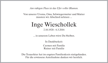 Anzeige von Inge Wieschollek von Schwäbische Zeitung