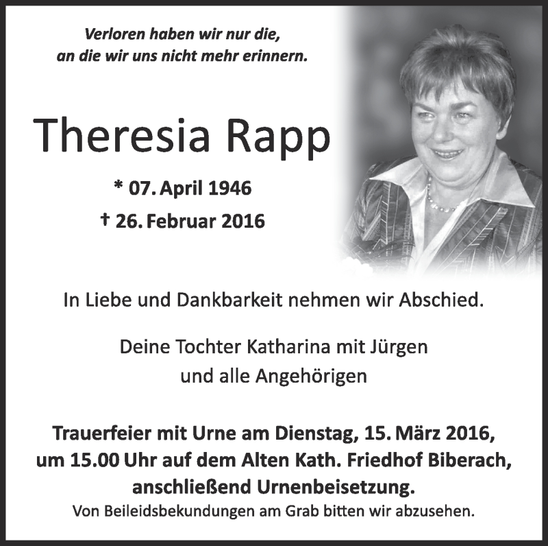  Traueranzeige für Theresia Rapp vom 05.03.2016 aus Schwäbische Zeitung