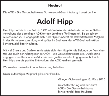 Anzeige von Adolf Hipp von Schwäbische Zeitung