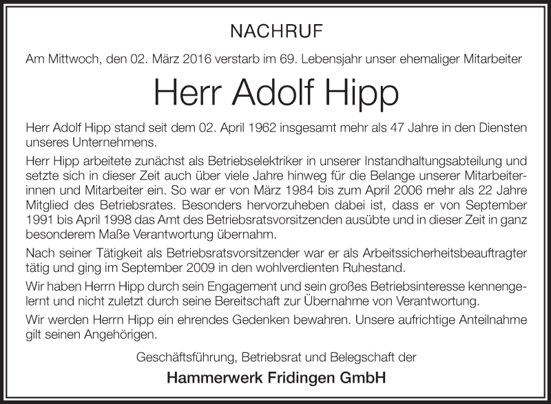  Traueranzeige für Adolf Hipp vom 08.03.2016 aus Schwäbische Zeitung
