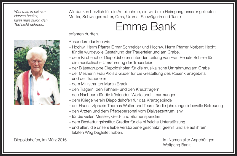  Traueranzeige für Emma Bank vom 10.03.2016 aus Schwäbische Zeitung