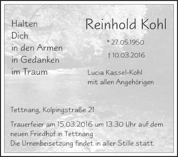 Anzeige von Reinhold Kohl von Schwäbische Zeitung