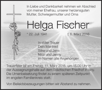Anzeige von Helga Fischer von Schwäbische Zeitung