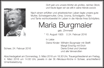 Anzeige von Maria Burgmaier von Schwäbische Zeitung