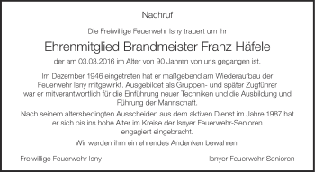 Anzeige von Franz Häfele von Schwäbische Zeitung