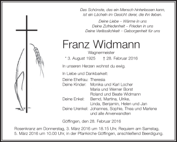 Anzeige von Franz Widmann von Schwäbische Zeitung