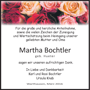 Anzeige von Martha Bochtler von Schwäbische Zeitung