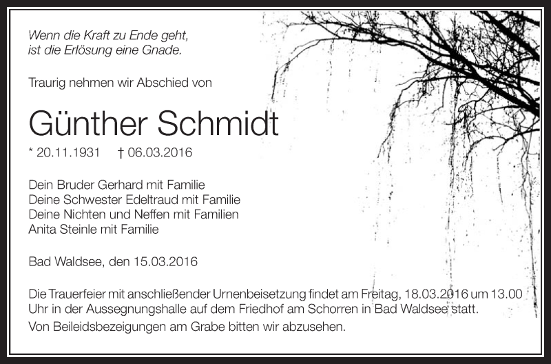  Traueranzeige für Günther Schmidt vom 15.03.2016 aus Schwäbische Zeitung