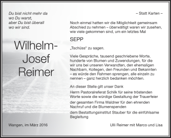 Anzeige von Wilhelm-Josef Reimer von Schwäbische Zeitung