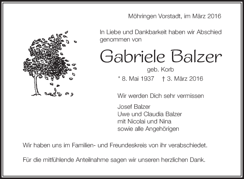  Traueranzeige für Gabriele Balzer vom 16.03.2016 aus Schwäbische Zeitung