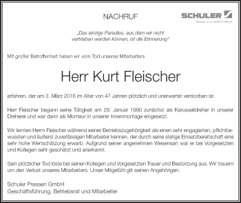 Anzeige von Kurt Fleischer von Schwäbische Zeitung