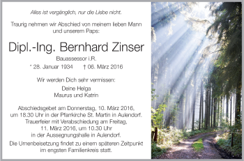 Anzeige von Bernhard Zinser von Schwäbische Zeitung