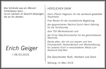Anzeige von Erich Geiger von Schwäbische Zeitung