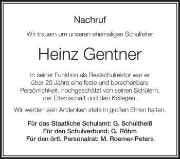 Anzeige von Heinz Gentner von Schwäbische Zeitung