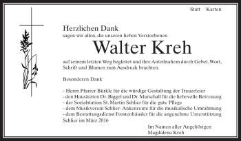 Anzeige von Walter Kreh von Schwäbische Zeitung