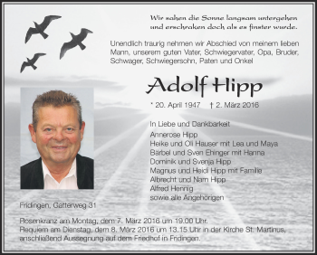 Anzeige von Adolf Hipp von Schwäbische Zeitung