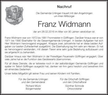 Anzeige von Franz Widmann von Schwäbische Zeitung
