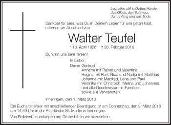 Anzeige von Walter Teufel von Schwäbische Zeitung