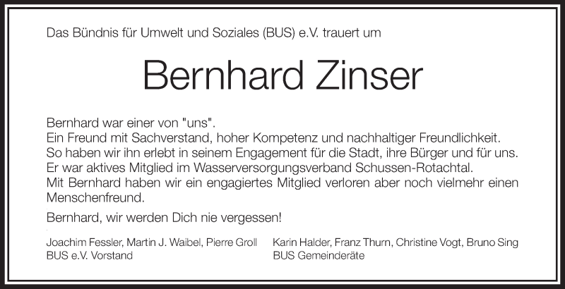  Traueranzeige für Bernhard Zinser vom 12.03.2016 aus Schwäbische Zeitung