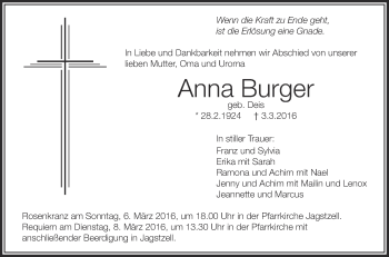 Anzeige von Anna Burger von Schwäbische Zeitung