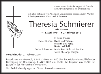 Anzeige von Theresia Schmierer von Schwäbische Zeitung
