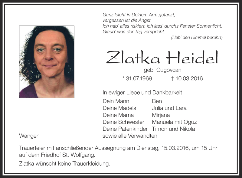  Traueranzeige für Zlatka Heidel vom 12.03.2016 aus Schwäbische Zeitung