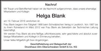 Anzeige von Helga Blank von Schwäbische Zeitung