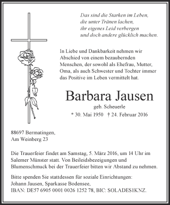 Anzeige von Barbara Jausen von Schwäbische Zeitung