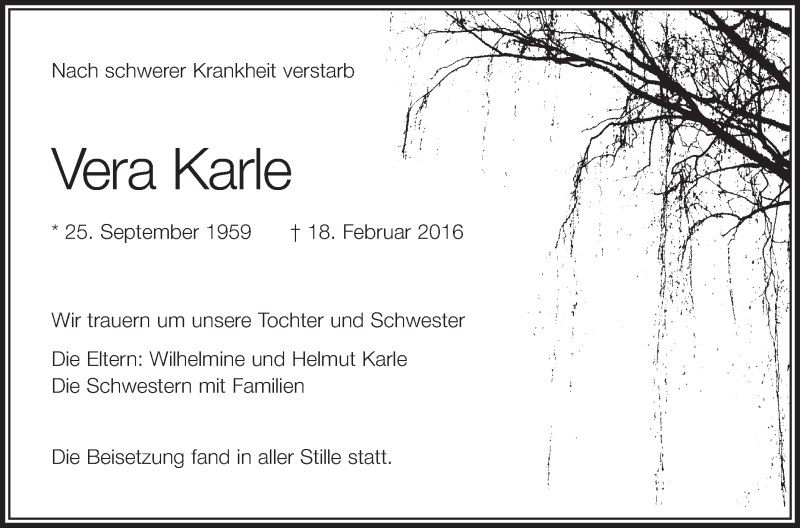  Traueranzeige für Vera Karle vom 14.03.2016 aus Schwäbische Zeitung