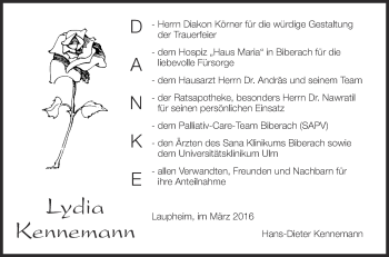Anzeige von Lydia Kennemann von Schwäbische Zeitung