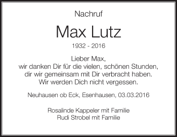 Anzeige von Max Lutz von Schwäbische Zeitung