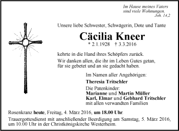 Anzeige von Cäcilia Kneer von Schwäbische Zeitung