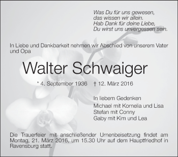 Anzeige von Walter Schwaiger von Schwäbische Zeitung