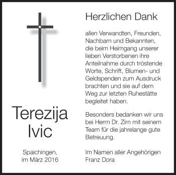 Anzeige von Terezija Ivic von Schwäbische Zeitung