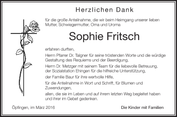 Anzeige von Sophie Fritsch von Schwäbische Zeitung