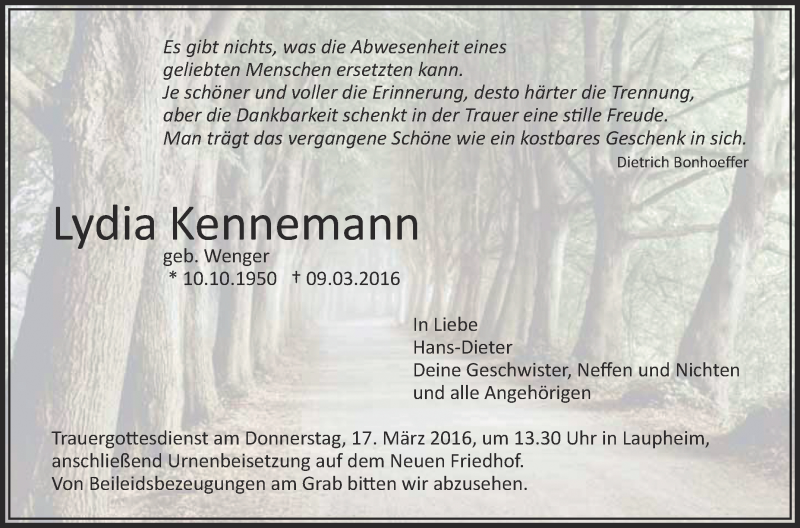 Traueranzeige für Lydia Kennemann vom 15.03.2016 aus Schwäbische Zeitung