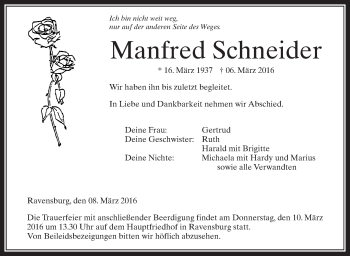 Anzeige von Manfred Schneider von Schwäbische Zeitung
