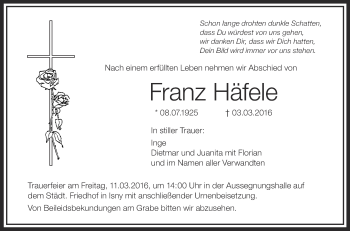 Anzeige von Franz Häfele von Schwäbische Zeitung