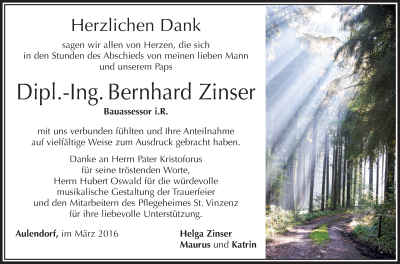  Traueranzeige für Bernhard Zinser vom 19.03.2016 aus Schwäbische Zeitung